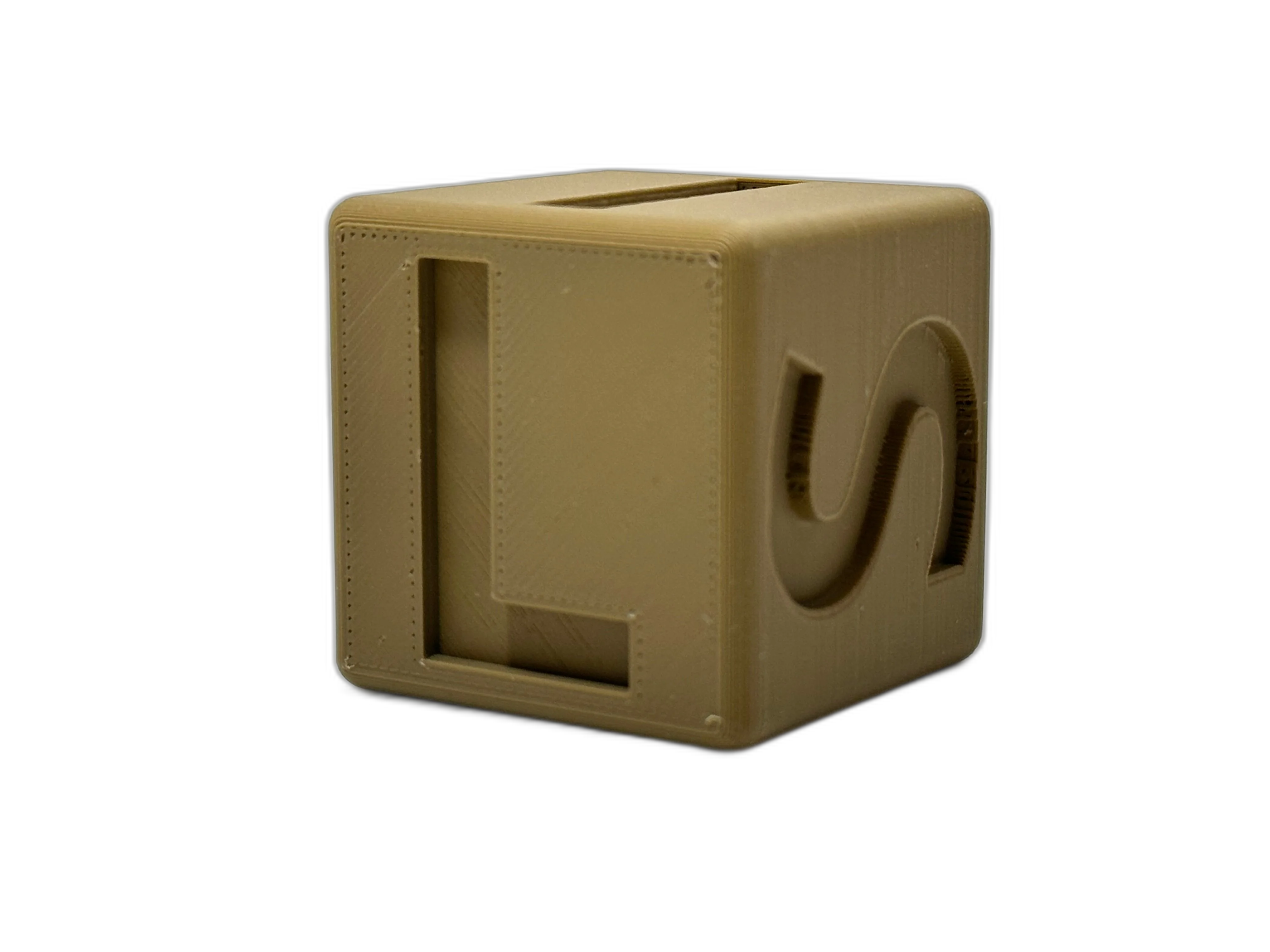 FDM 3D printed calibration cube in PLA showing clean layer lines and letter detail