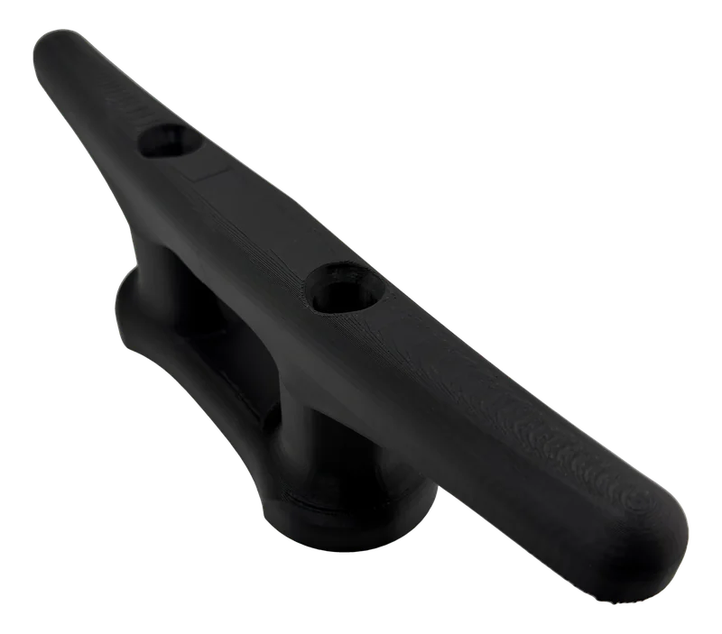 Black ASA FDM 3D printed dock cleat showing smooth surface finish and UV-resistant material properties