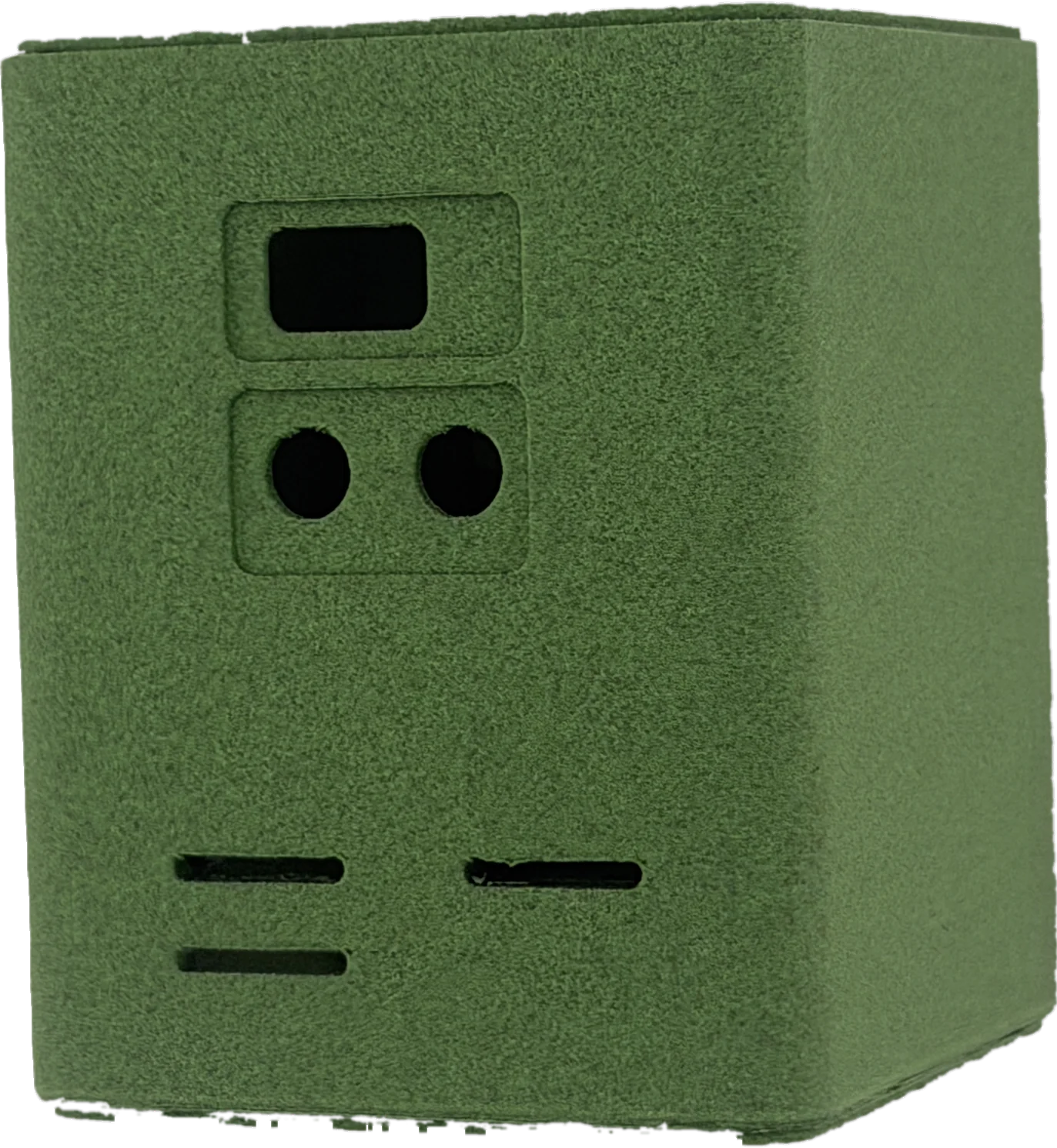 Green PLA-CF 3D printed electronics enclosure showing matte carbon-fiber texture, display cutout, and ventilation slots