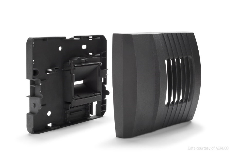 MJF 3D printed HVAC exhaust unit housing and cover in black nylon, a production-grade bridge manufacturing part