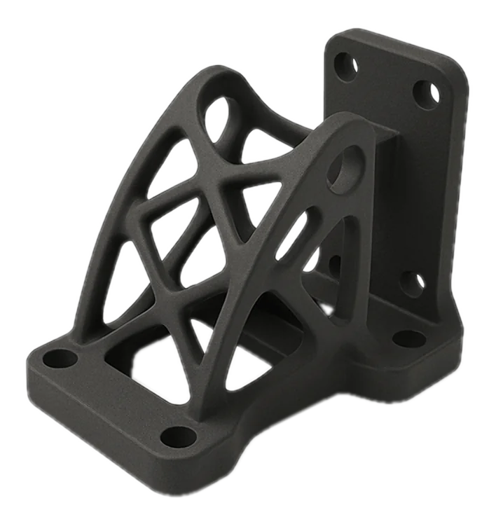MJF 3D printed lattice-optimized mounting bracket in black PA12 nylon showing matte powder-bed surface and complex strut geometry