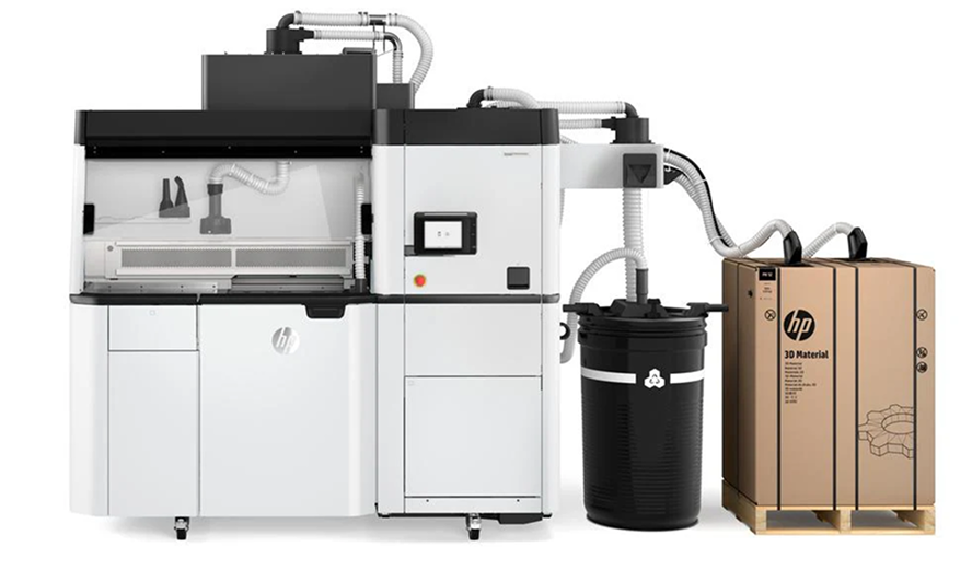 HP Jet Fusion industrial 3D printing system with printer, processing station, and material supplies