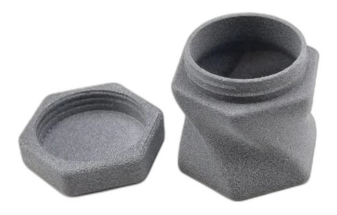 MJF 3D printed PA12 glass bead-filled nylon threaded container showing rigid, dimensionally stable composite finish