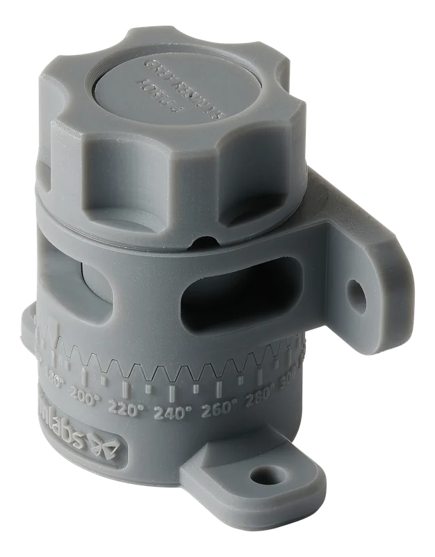 Formlabs Grey V5 SLA printed adjustable angle bracket with engraved degree scale showing smooth matte surface finish