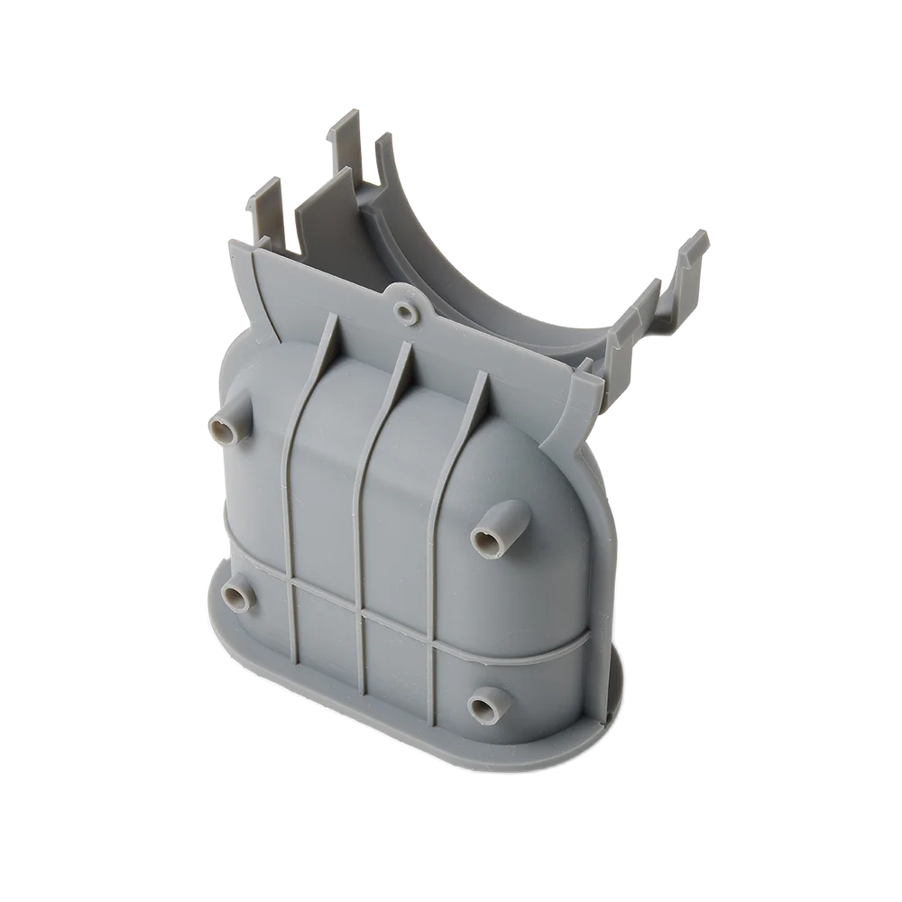 Grey V5 SLA resin 3D printed housing with structural ribs and snap-fit features