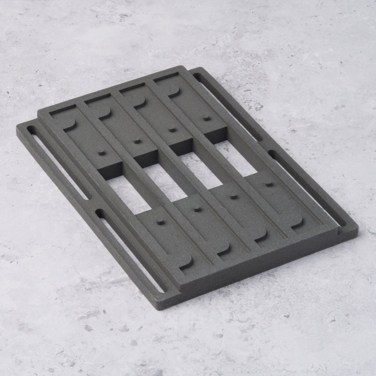 SLS 3D printed PCB alignment jig in black nylon, a precision fixture for electronics assembly